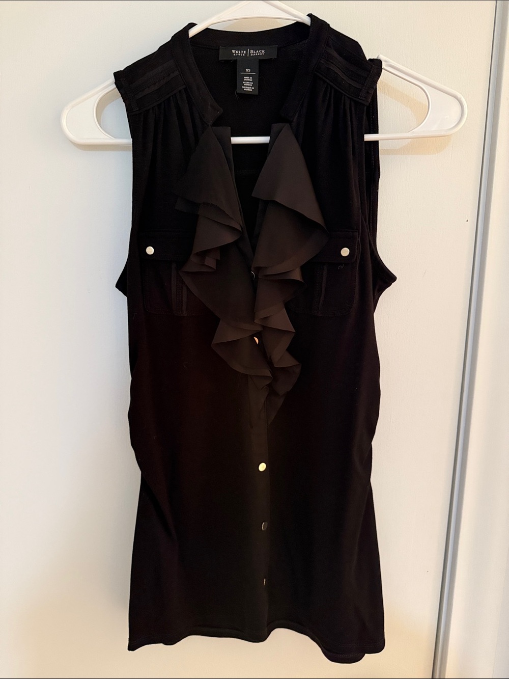 White House Black Market Black Ruffle Front Sleeveless Top